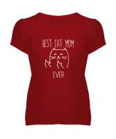 Best Cat Mom Ever Kırmızı Kadın V Yaka Tişört - Tisho