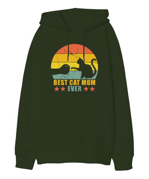 Tisho - Best Cat Mom Ever V1 Haki Yeşili Oversize Unisex Kapüşonlu Sweatshirt