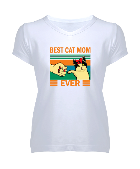 Tisho - Best Cat Mom Ever V2 Beyaz Kadın V Yaka Tişört