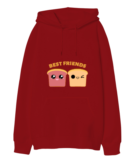 Tisho - Best Friends - En İyi Arkadaşlar Kırmızı Oversize Unisex Kapüşonlu Sweatshirt