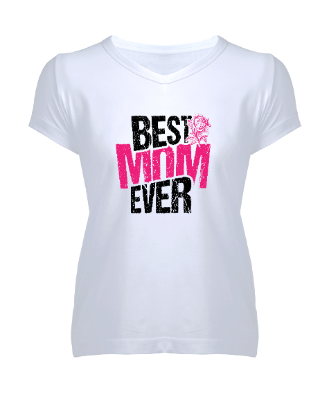Tisho - Best Mom Ever - En İyi Anne Beyaz Kadın V Yaka Tişört