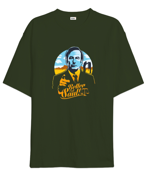 Tisho - Better Call Saul Tasarım Baskılı Haki Yeşili Oversize Unisex Tişört