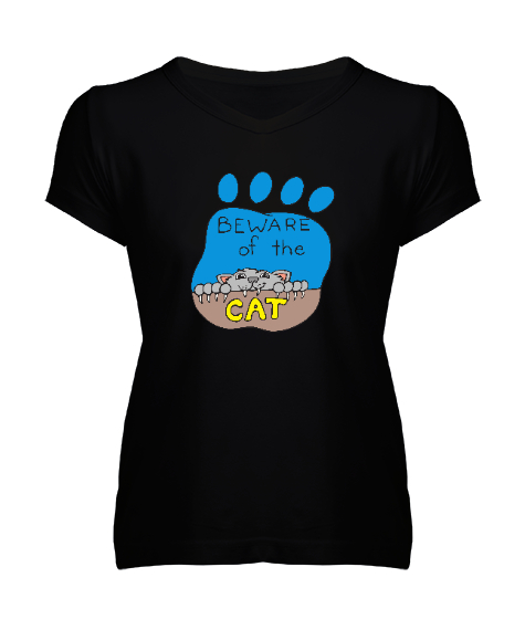 Tisho - Beware Of The Cat - Kediye Dikkat Siyah Kadın V Yaka Tişört