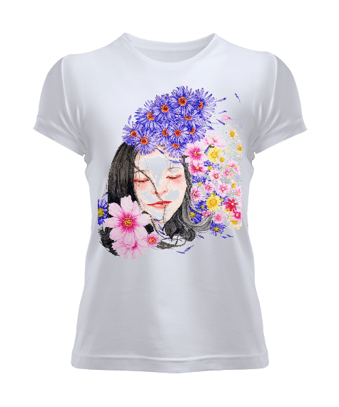 Tisho - Beyaz, Çiçekli Kız Kadın Tişört