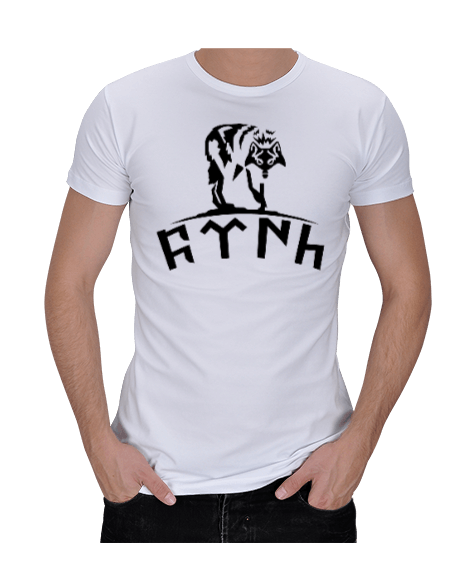 Tisho - Beyaz Göktürkçe Türk Baskılı Tişört Erkek Regular Kesim Tişört