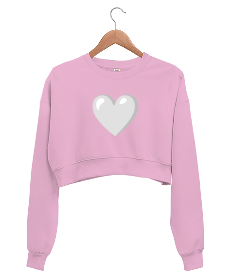 Tisho - Beyaz kalp baskılı pembe Pembe Kadın Crop Sweatshirt