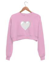 Beyaz kalp baskılı pembe Pembe Kadın Crop Sweatshirt - Tisho