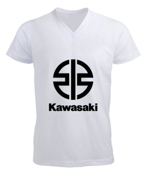 Tisho - Beyaz Kawasaki logolu Beyaz Erkek Kısa Kol V Yaka Tişört