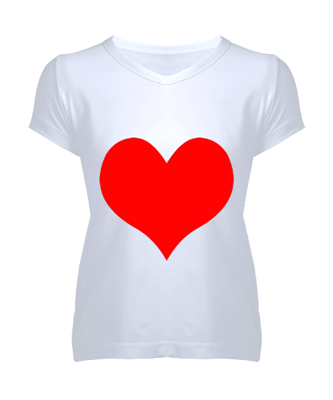 Tisho - Beyaz Kırmızı Kalp Tasarımlı Kadın V Yaka Tişört