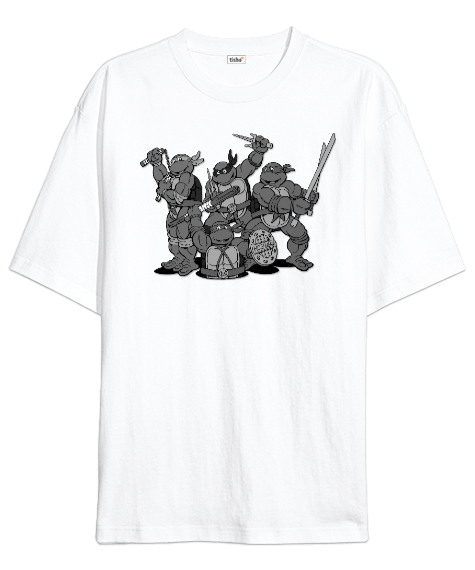 Tisho - Beyaz Ninja Kaplumbağalar Desenli Oversize Unisex T-shirt Oversize Unisex Tişört