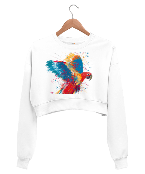 Tisho - Beyaz, Renkli Papağan Kadın Crop Sweatshirt
