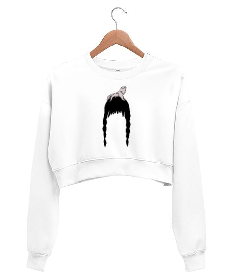 Tisho - Beyaz Uzun Kollu Tasarım Beyaz Kadın Crop Sweatshirt