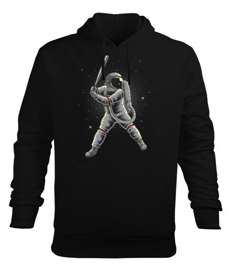 Tisho - Beysbol Oynayan Astronot - Astronaut playing Baseball Baskılı Siyah Erkek Kapüşonlu Hoodie Sweatshirt