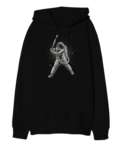 Tisho - Beysbol Oynayan Astronot - Astronaut playing Baseball Baskılı Siyah Oversize Unisex Kapüşonlu Sweatshirt