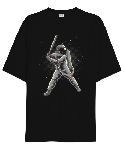 Tisho - Beysbol Oynayan Astronot - Astronaut playing Baseball Baskılı Siyah Oversize Unisex Tişört