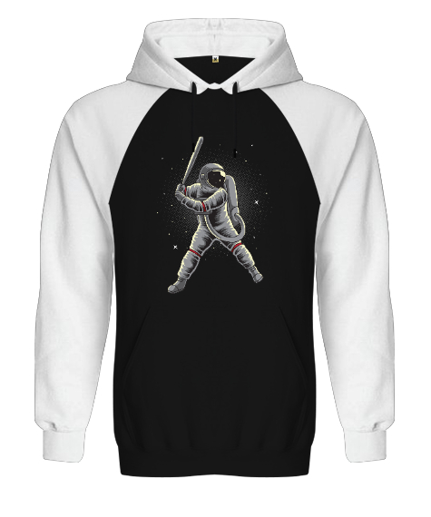 Tisho - Beysbol Oynayan Astronot - Astronaut playing Baseball Baskılı Siyah/Beyaz Orjinal Reglan Hoodie Unisex Sweatshirt