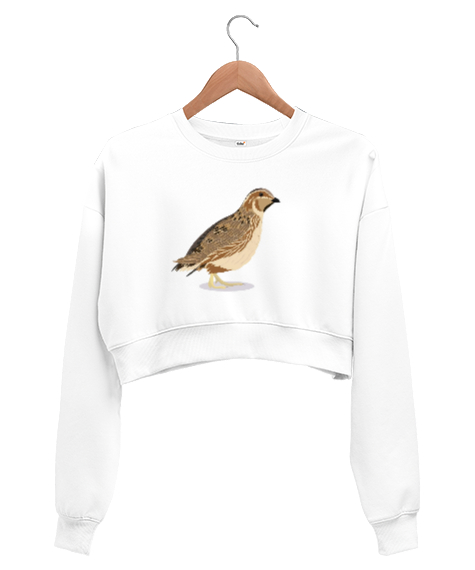 Tisho - Bıldırcın kuşu baskılı Beyaz Kadın Crop Sweatshirt