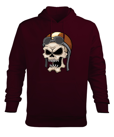 Tisho - Bir Şapka İle Kafatası İskelet Kafa Bordo Erkek Kapüşonlu Hoodie Sweatshirt