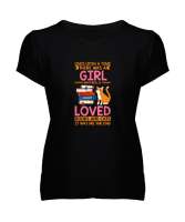 Bir Zamanlar Kedi ve Kitap Seven Kız - Book - Cat Siyah Kadın V Yaka Tişört - Tisho