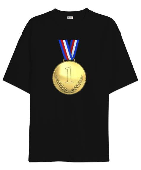 Tisho - Birincilik Madalyası Siyah Oversize Unisex Tişört