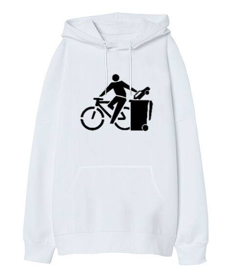 Tisho - Bisiklet - Arabalar Çöpe- Beyaz Oversize Unisex Kapüşonlu Sweatshirt