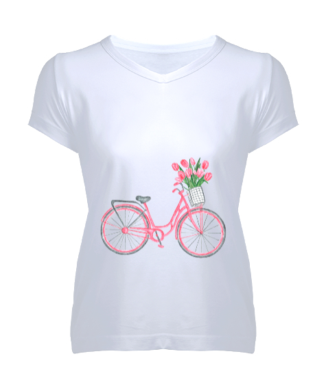Tisho - Bisiklet Sepetinde Çiçekler Baskılı Beyaz Kadın V Yaka Tişört
