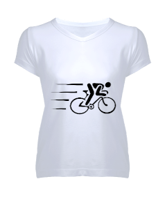 bisiklet tasarımlı Kadın V Yaka Tişört - Thumbnail