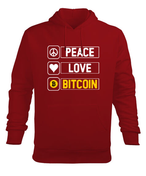 Tisho - Bitcoin Routine - Peace, Love- Crypto Kırmızı Erkek Kapüşonlu Hoodie Sweatshirt