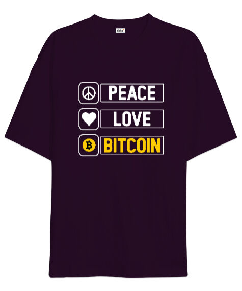 Tisho - Bitcoin Routine - Peace, Love- Crypto Koyu Mor Oversize Unisex Tişört