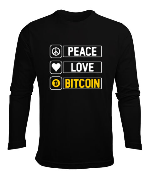 Tisho - Bitcoin Routine - Peace, Love- Crypto Siyah Erkek Uzun Kol Yazlık Tişört