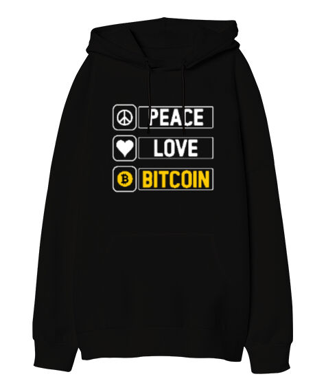 Tisho - Bitcoin Routine - Peace, Love- Crypto Siyah Oversize Unisex Kapüşonlu Sweatshirt