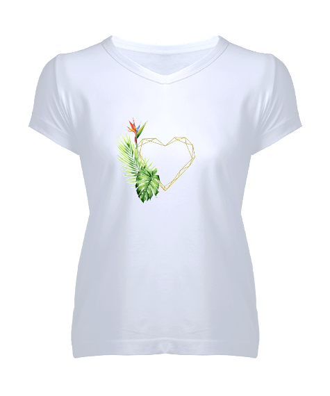 Tisho - Bitki ve altın kalp tasarımı Kadın V Yaka Tişört