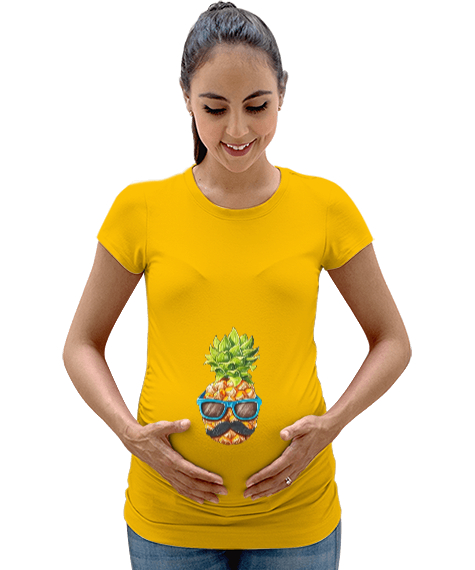 Tisho - Bıyıklı ananas baskılı Sarı Kadın Hamile Tişört