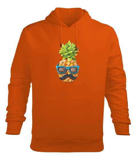 Tisho - Bıyıklı ananas baskılı Turuncu Erkek Kapüşonlu Hoodie Sweatshirt