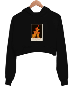 black hoodie Kadın Crop Hoodie Kapüşonlu Sweatshirt - Thumbnail