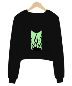 black hoodie Kadın Crop Hoodie Kapüşonlu Sweatshirt - Thumbnail