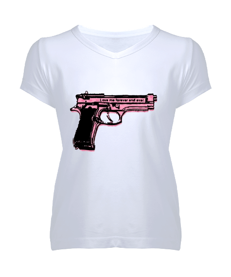 Tisho - Black Pink Gun Silah Baskılı Kadın V Yaka Tişört