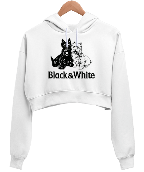 Tisho - Black White Kadın Crop Hoodie Kapüşonlu Sweatshirt