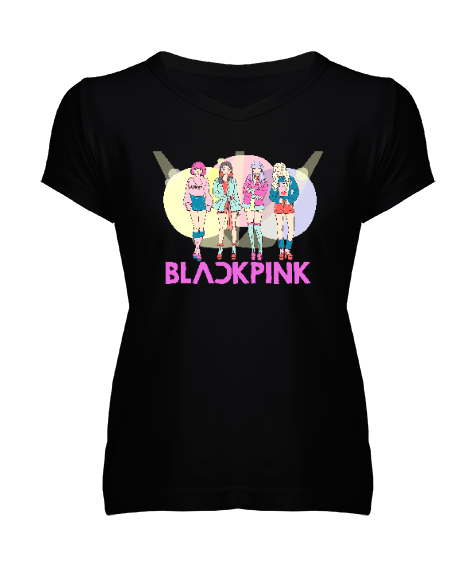 Tisho - Blackpink Blu V7 Siyah Kadın V Yaka Tişört