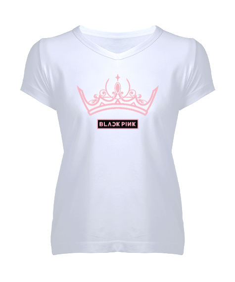 Tisho - Blackpink Crown V1 Beyaz Kadın V Yaka Tişört