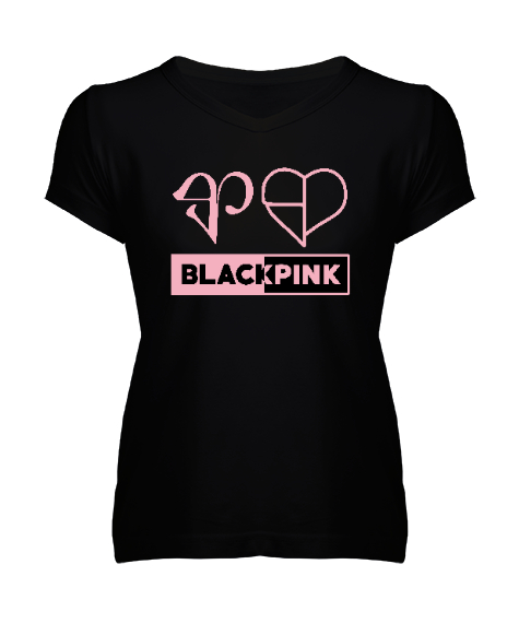 Tisho - Blackpink Hearts Siyah Kadın V Yaka Tişört