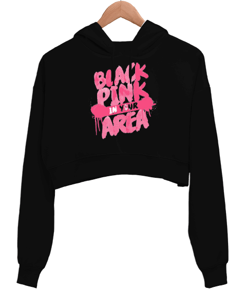 Tisho - Blackpink In Your Area Siyah Kadın Crop Hoodie Kapüşonlu Sweatshirt