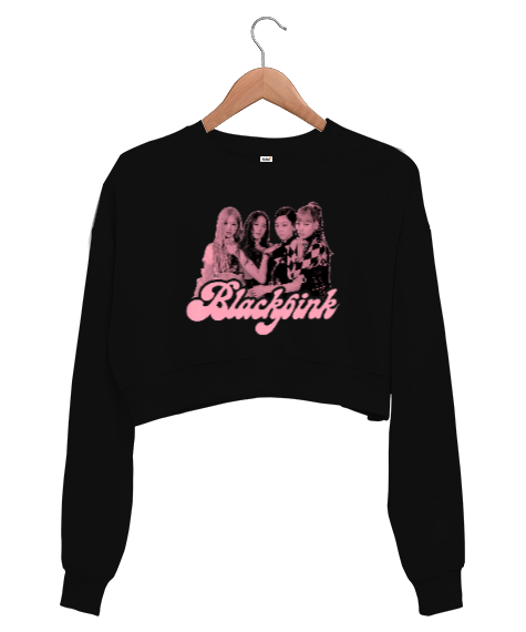 Tisho - Blackpink Pink Photo Baskılı Siyah Kadın Crop Sweatshirt