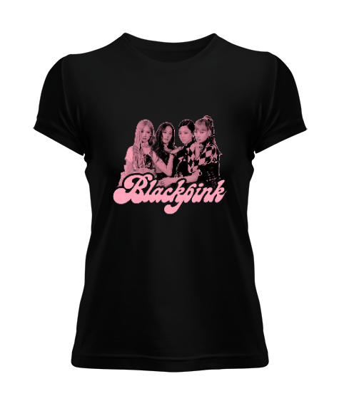 Tisho - Blackpink Pink Photo Baskılı Siyah Kadın Tişört