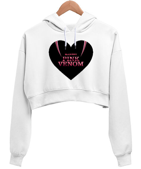 Tisho - Blackpink Pink Venom Blu V1 Beyaz Kadın Crop Hoodie Kapüşonlu Sweatshirt