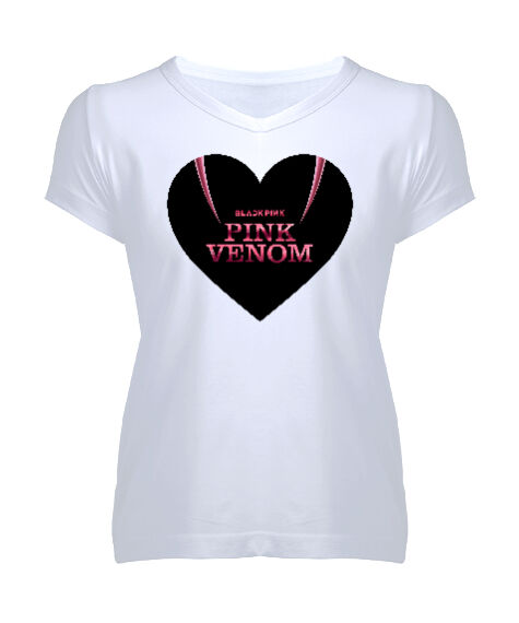Tisho - Blackpink Pink Venom Blu V1 Beyaz Kadın V Yaka Tişört