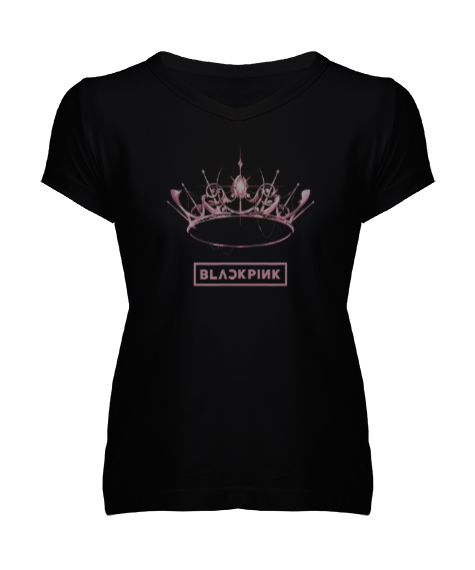 Tisho - Blackpink The Album Crown Black Shoes Baskılı Siyah Kadın V Yaka Tişört