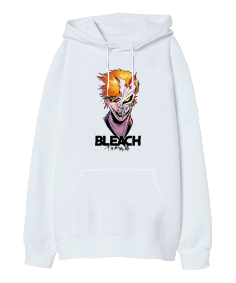Tisho - Bleach Anime Tasarım Baskılı Beyaz Oversize Unisex Kapüşonlu Sweatshirt