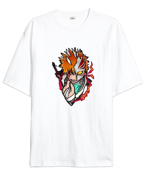 Tisho - Bleach Anime Tasarım Baskılı Beyaz Oversize Unisex Tişört