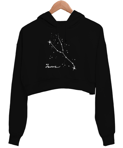 Tisho - Boğa Burcu Yıldızı Taurus Siyah Kadın Crop Hoodie Kapüşonlu Sweatshirt